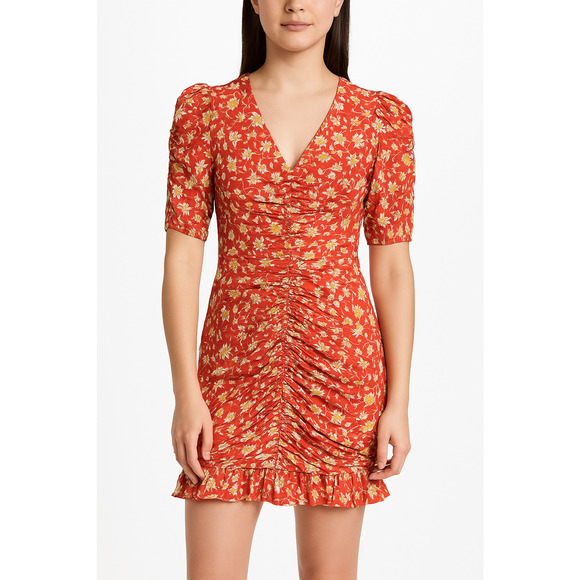 Veronica Beard Red Floral Josephine Ruched Mini Dress Womens Size 8 Silk - Picture 2 of 15